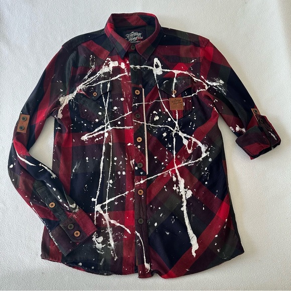 American Heritage Shirt Mens XL Red Plaid Paint Splatter Roll Tab Long Sleeve - Picture 8 of 15